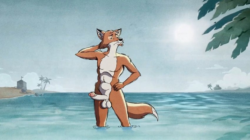 anthro balls beach detailed_background erection foreskin fur genitals hand_on_hip male muscular muscular_male orange_body orange_fur penis screencap_edit seaside solo emulsified_bungus third-party_edit old_speckled_hen henry_(old_speckled_hen) canid canine fox mammal 16:9 widescreen