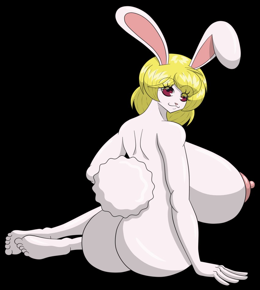 anthro big_breasts blonde_hair breasts butt cotton_tail female fur hair huge_breasts looking_at_viewer looking_back looking_back_at_viewer nipples nude rear_view side_boob simple_background sitting solo transparent_background white_body white_fur marshall123x_(artist) one_piece carrot_(one_piece) lagomorph leporid mammal minkmen_(one_piece) rabbit 2023 alpha_channel hi_res