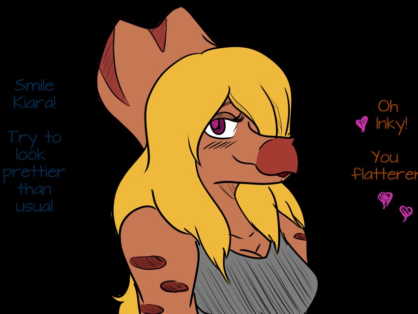 anthro big_breasts biped blonde_hair blush breasts brown_body brown_scales camera_hud camera_view cleavage clothed clothed_anthro clothed_female clothing dialogue eyelashes female flustered frill_(anatomy) front_view hair hair_over_eye happy heart_symbol long_hair looking_at_viewer markings non-mammal_breasts offscreen_character one_eye_obstructed purple_eyes scales shirt shy simple_background smile snout solo speech_bubble spots spotted_markings talking_to_another tank_top text topwear transparent_background white_background arsenic_iii cavemanon_studios i_wani_hug_that_gator kiara_(iwhtg) ceratopsian dinosaur ornithischian prehistoric_species reptile scalie triceratops 2024 4:3 alpha_channel bust_portrait digital_drawing_(artwork) digital_media_(artwork) english_text hi_res portrait shaded