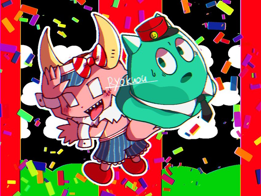 ambiguous_gender anthro clothed clothing confetti duo hat headgear headwear horn male necktie sharp_teeth teeth tongue tongue_out ryokuousann mesmerizer_(song) ponkotsu_quest vocaloid imura_(ponkotsu_quest) kaku_(ponkotsu_quest) demon goo_creature mammal slime_(blob) artist_name signature