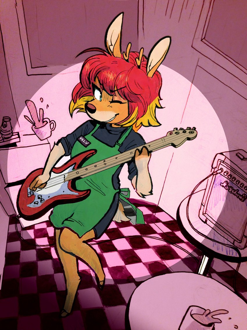 anthro antlers apron bass_guitar biped blonde_hair checkered checkered_floor clothed clothing container cup electric_guitar eyelashes feet female fingers fur green_apron green_clothing guitar hair hooved_fingers hooves horn mug musical_instrument name_tag one_eye_closed orange_body orange_fur plucked_string_instrument red_hair slim_anthro slim_female solo splash string_instrument wink remy_boydell marshall_amplification velvet_(velvetomo) deer mammal 2019 3:4 absurd_res hi_res painting_(artwork) traditional_media_(artwork)