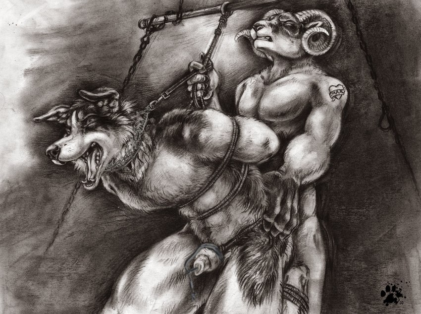 anthro bdsm biped bound chastity_cage chastity_device collar dominant dominant_male dominant_prey duo eyes_closed interspecies leash leash_pull male male/male male_penetrated male_penetrating male_penetrating_male penetration predator/prey prong_collar questionable_consent sex submissive submissive_male submissive_predator urethral urethral_penetration blotch third-party_edit bovid canid canine canis caprine collie domestic_dog herding_dog mammal pastoral_dog sheep sheepdog