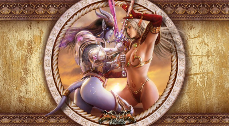 accessory amethyst_(gem) armor armwear bikini bikini_armor black_hair bracers breastplate breasts chainmail clothed clothing cloud duo elbow_gloves emerald_(gem) female fight furgonomics gem gloves gold_(metal) greaves hair handwear horde horn humanoid_pointy_ears jewelry melee_weapon navel not_furry pauldron pointy_ears skimpy sky sparkles swimwear sword tail tail_accessory tailband tattoo tentacles two-piece_swimsuit unconvincing_armor weapon white_eyes white_hair yellow_sky azazel1944 blizzard_entertainment warcraft blood_elf draenei elf humanoid