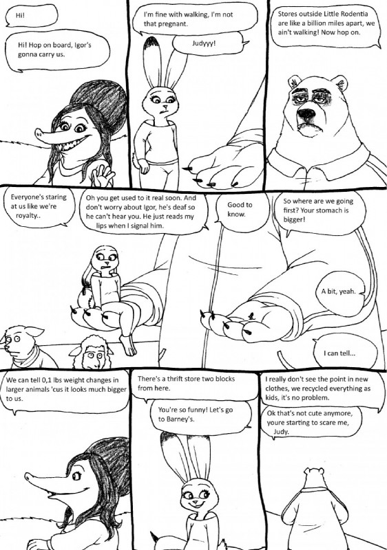 anthro carrying_another clothing deaf dialogue duo female hair long_ears male simple_background speech_bubble text white_background bernielover disney zootopia fru_fru judy_hopps arctic_shrew bear eulipotyphlan lagomorph leporid mammal rabbit shrew igor_(disambiguation) comic english_text hi_res monochrome