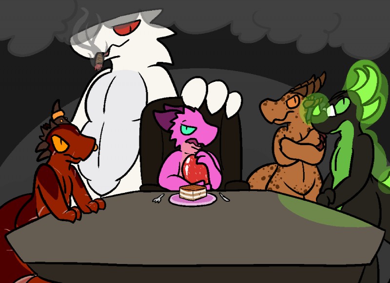 anthro blue_eyes cake chair cigar cutlery dessert egg eyewear food fork furniture glasses glowing green_eyes group horn kitchen_utensils knife nude orange_eyes radioactive red_eyes scar simple_background smoke smoking table tools trout_(artist) paprika_(knightsquiggles) rust_(k0bold) spaffy tritium_(kotetsu) vim_(coshiboyer) kobold reptile scalie 2016 aliasing digital_media_(artwork)