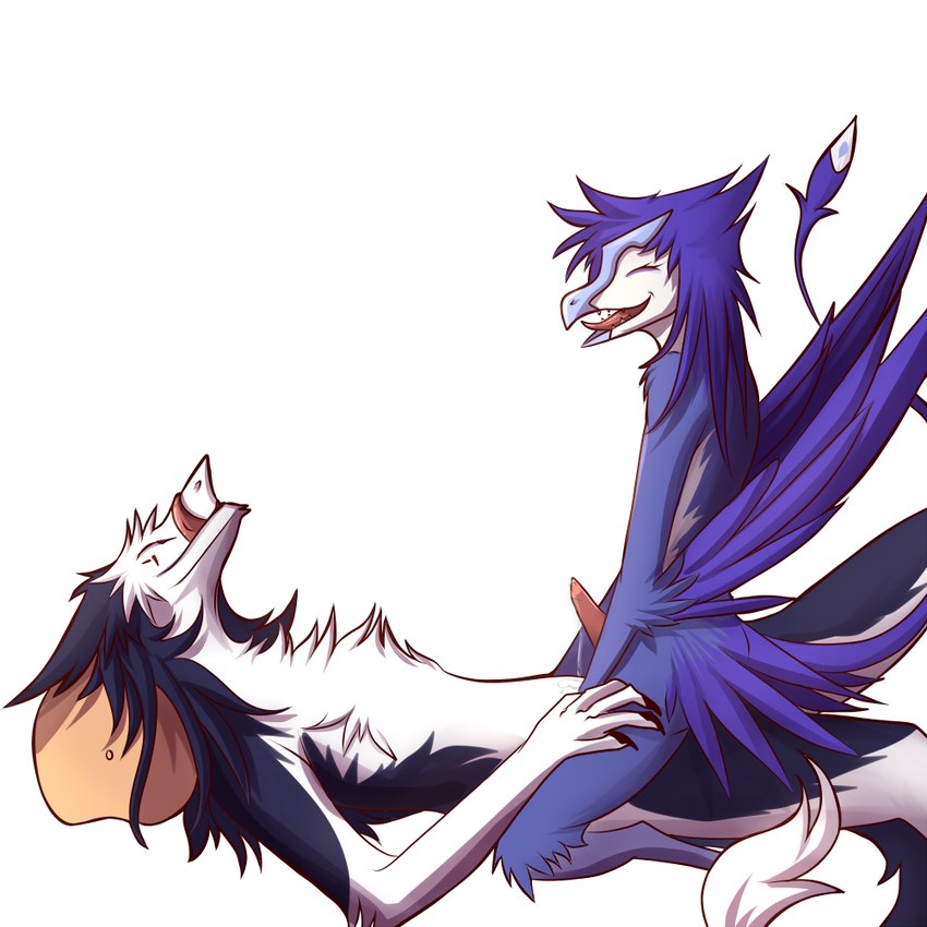 anal anthro beak blue_body blue_feathers cowgirl_position duo erection eyes_closed feathers from_front_position genitals looking_pleasured male male/male nude on_bottom on_top penis pillow sex smile tail tongue tongue_out kanevex avian nevrean sergal 1:1