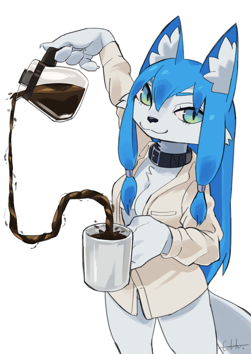 anthro beverage blue_hair breasts clothed clothing coffee coffee_mug collar female fur gravity green_eyes hair holding_object inner_ear_fluff looking_at_viewer shirt simple_background smile solo topwear tuft white_background white_body white_fur el-k canid canine mammal absurd_res digital_media_(artwork) hi_res