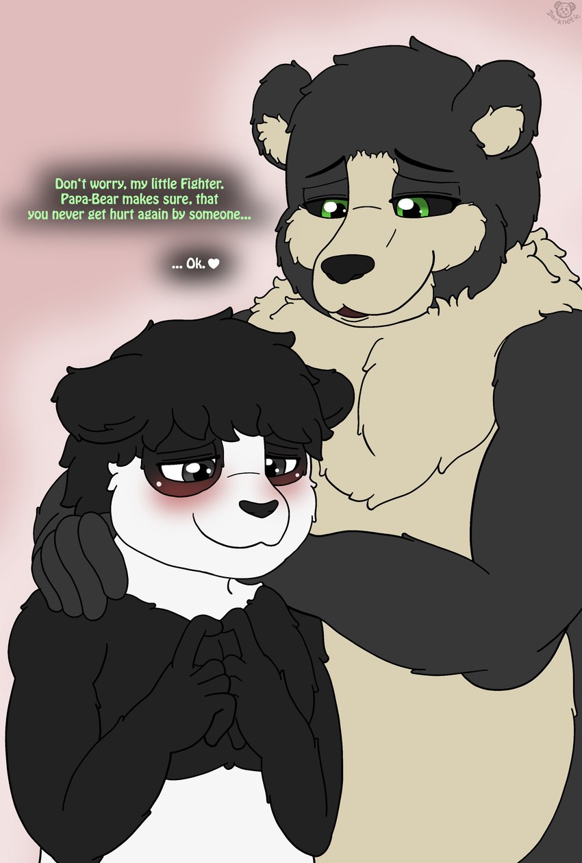 anthro black_body black_fur black_sclera blush comfort comforting dialogue duo fluffy fur green_eyes grey_eyes happy male male/male neck_tuft simple_background text tuft white_body white_fur yellow_body yellow_fur darknetic kuma_(darknetic) panda_(catkitte) bear giant_panda mammal absurd_res english_text hi_res adopted_(lore) adopted_son_(lore) father_(lore) father_and_child_(lore) parent_(lore) parent_and_child_(lore)