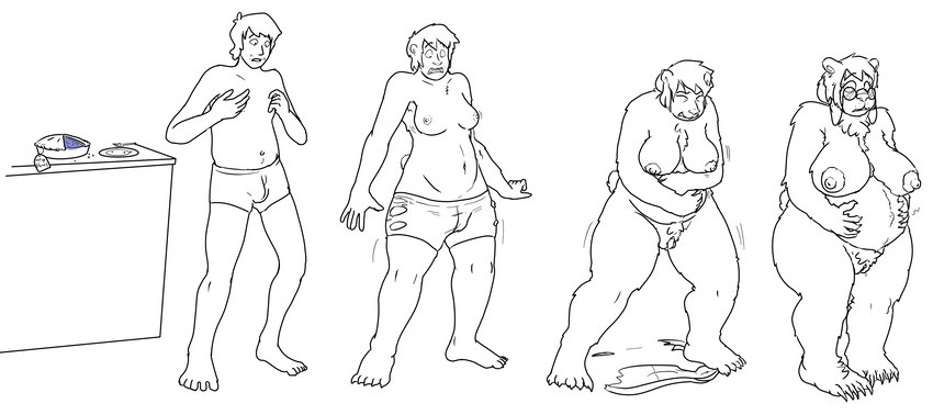 aging anthro base_one_layout basic_sequence big_breasts breast_growth breasts bulge clothed clothing dessert eyes_closed eyewear female food four_frame_image four_frame_sequence gender_transformation genitals glasses growth hair hand_on_belly human_to_anthro linear_sequence male mature_anthro mature_female mtf_transformation nipples nude one_row_layout overweight overweight_female pastry pie pregnant pubes pussy short_hair simple_background solo species_transformation standing surprise topless torn_clothing transformation transformation_sequence white_background prurientpie prurientpie_(character) bear human mammal 2017 absurd_res hi_res sequence