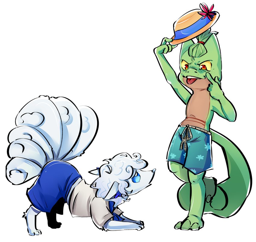 bottomwear bullying clothing duo eyelid eyelid_pull eyelid_pull_taunt feral gesture making_faces male sailor shorts small_tongue taunting teasing tongue tongue_out uniform nintendo pokemon generation_1_pokemon generation_3_pokemon pokemon_(species) treecko vulpix hi_res