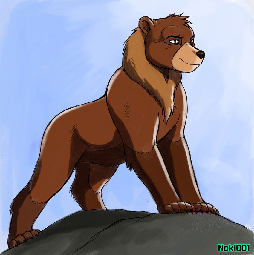 4_legs aged_up ambiguous_gender brown_body brown_fur claws detailed_background feral fur mouth_closed neck_tuft paws rock scar smile solo standing tuft noki001 brother_bear disney koda_(brother_bear) bear mammal