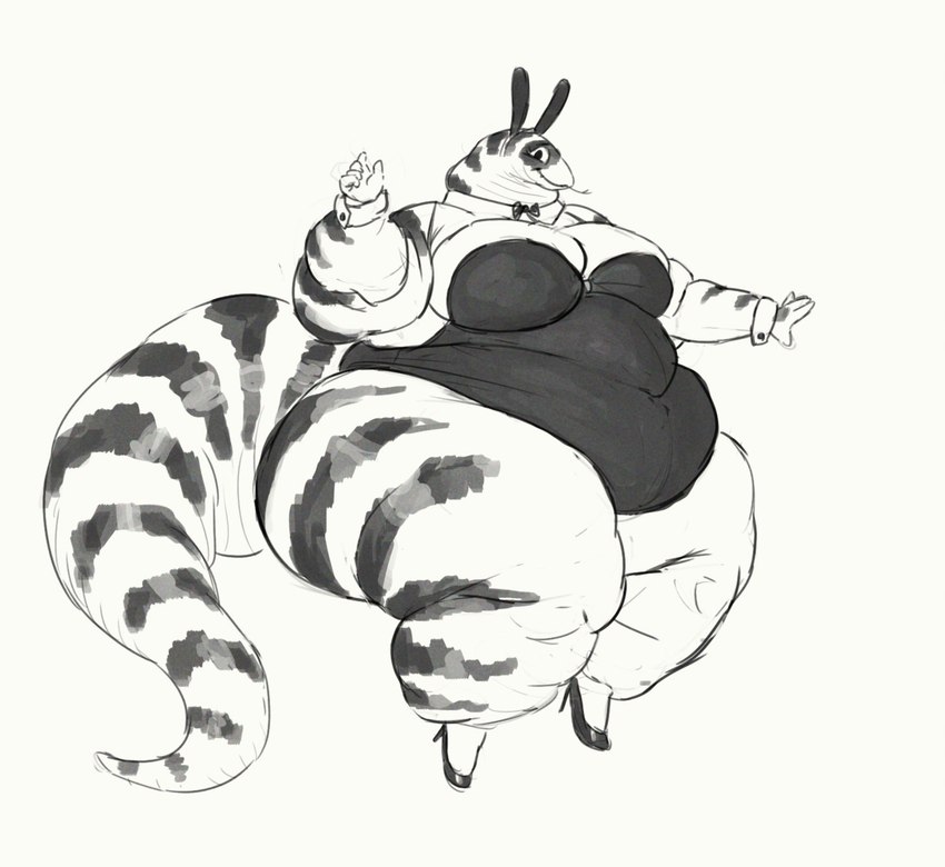 anthro breasts bunny_costume clothing costume fake_ears fake_rabbit_ears fat_rolls female footwear high_heels obese obese_anthro obese_female overweight overweight_anthro overweight_female shoes simple_background solo striped_body stripes white_background cettus maeve_gibson california_kingsnake colubrid kingsnake lampropeltini reptile scalie snake 2020 black_and_white hi_res monochrome