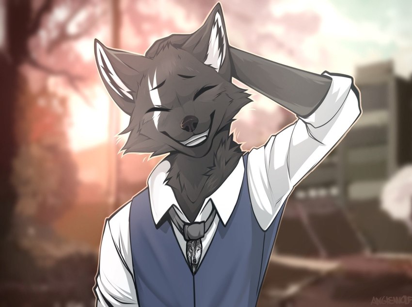 anthro black_body black_fur blurred_background building clothing eyes_closed fur hand_behind_head inner_ear_fluff looking_at_viewer necktie school_uniform smile student teeth tuft uniform angiewolf kinsowolf canid canine canis mammal wolf 2022 hi_res signature