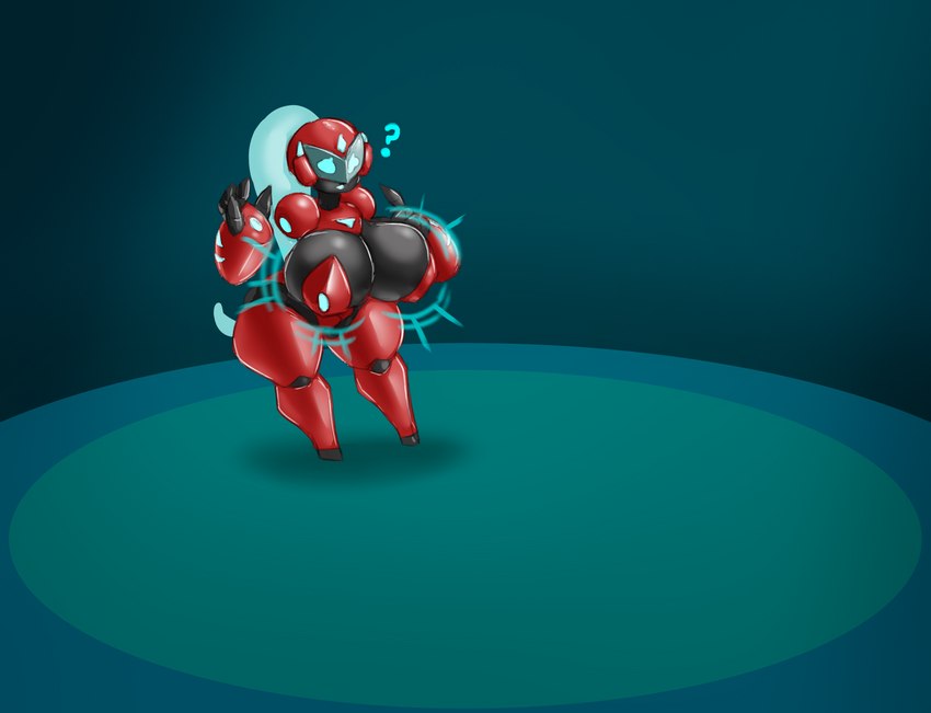 big_breasts black_body breast_expansion breasts expansion female huge_breasts machine motion_lines multicolored_body question_mark red_body solo standing thick_thighs visor beepunz ela humanoid robot robot_humanoid absurd_res hi_res