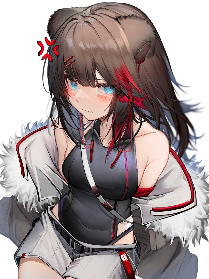 accessory angry blue_eyes blush bottomwear breasts brown_body brown_fur brown_hair clothed clothing cross-popping_vein female female_humanoid fur hair hair_accessory hairclip looking_at_viewer red_hair shorts solo tabhead arknights hypergryph studio_montagne zima_(arknights) animal_humanoid bear humanoid mammal mammal_humanoid ursid_humanoid 2022 absurd_res digital_media_(artwork) hi_res