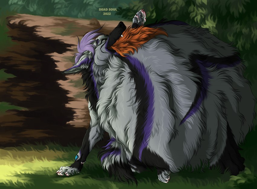 ambiguous_gender ambiguous_pred ambiguous_prey belly big_belly black_body black_fur black_nose duo eyes_closed fangs feral feral_pred fur grass grey_body grey_fur hair huge_belly logo open_mouth oral_vore orange_tail outside plant purple_body purple_fur purple_hair shrub tail teeth vore msdeadsoul addy_(zephyr_the_yeen) canid canine mammal 2022 artist_logo dated