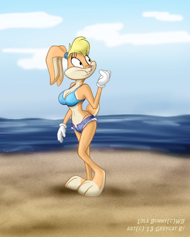 anthro beach blonde_hair bottomwear breasts buckteeth clothing cloud day denim denim_clothing detailed_background female gloves hair handwear outside pink_nose sand sea seaside shorts sky solo teeth unzipped water zipper greycat_rademenes looney_tunes warner_brothers lola_bunny lagomorph leporid mammal rabbit 2010 4:5 hi_res