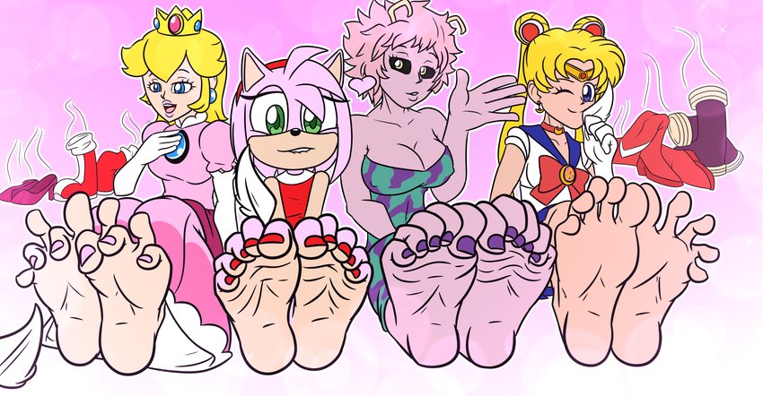 5_toes anthro barefoot blonde_hair clothed clothing colored_nails feet female green_eyes group hair horn nails shoes_removed soles toes inkicrow mario_bros my_hero_academia nintendo sailor_moon_(series) sega sonic_the_hedgehog_(series) sonic_x amy_rose ashido_mina princess_peach eulipotyphlan hedgehog horned_humanoid human humanoid mammal quirked_human_(my_hero_academia) absurd_res hi_res