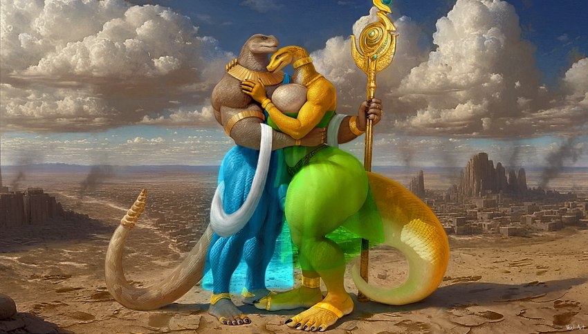 anthro big_breasts big_butt bottom_heavy breasts brown_body brown_scales butt clothing duo egyptian egyptian_clothing female gold_scales hug huge_breasts huge_butt huge_thighs hyper hyper_breasts hyper_thighs male muscular muscular_anthro muscular_female muscular_male plantigrade scales staff thick_thighs venjiiart pit_viper rattlesnake reptile scalie snake viper 2024 digital_media_(artwork) hi_res