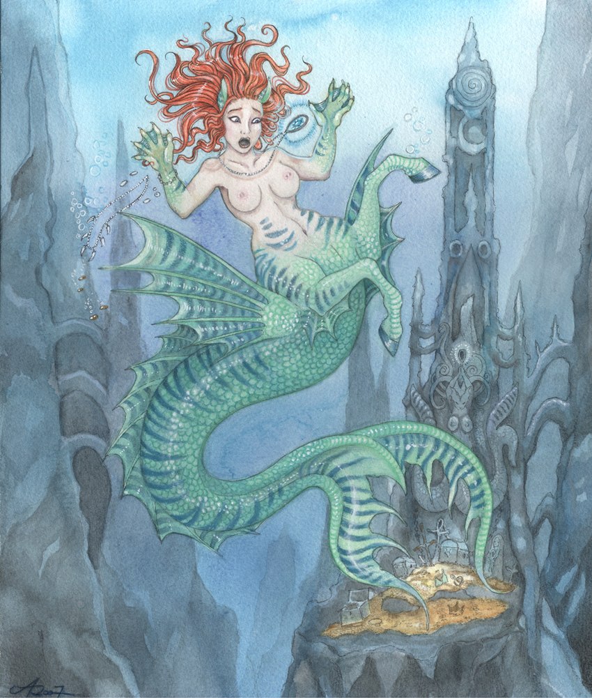 breasts detailed_background female fin green_body green_scales hair hooves jewelry membrane_(anatomy) navel nipples pendant red_hair scales solo species_transformation split_form surprise transformation underwater water webbed_hands sangluna european_mythology greek_mythology mythology equid hippocampus human mammal marine 2007 traditional_media_(artwork)