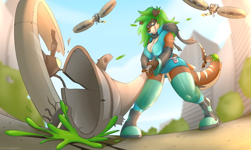 anthro big_breasts boots bottomwear breasts building butt city claws clothed clothing curvy_figure detailed_background dress drone_(vehicle) ear_piercing eyewear female footwear fur furgonomics glistening gloves green_hair hair handwear huge_breasts latex legwear machine mask open_mouth outside piercing shoes skirt sky slightly_chubby slime socks solo suit tail tail_through_skirt thick_thighs thigh_highs tight_clothing toe_claws voluptuous wide_hips conditional_dnp krazykurt manji_luo canid canine canis domestic_dog fish hybrid mammal marine shark 2017 5:3 absurd_res digital_media_(artwork) hi_res story story_in_description