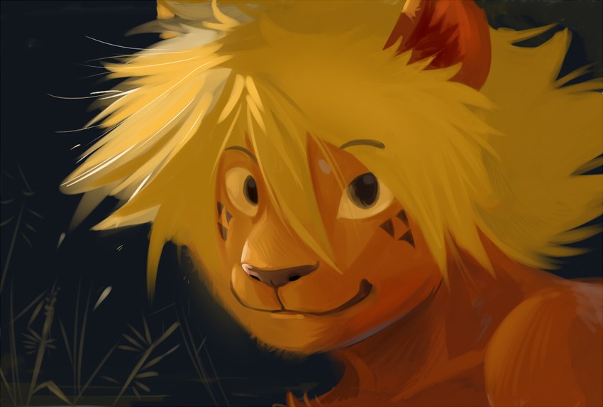 black_eyes blonde_hair brown_nose eyebrow_through_hair eyebrows facial_markings facial_tattoo fur hair head_markings looking_at_viewer male markings night no_irises outside plant smile solo tan_body tan_fur tattoo translucent translucent_hair young young_male negy franko_(negy) felid lion mammal pantherine 2016 digital_media_(artwork) digital_painting_(artwork) high_contrast painting_(artwork)