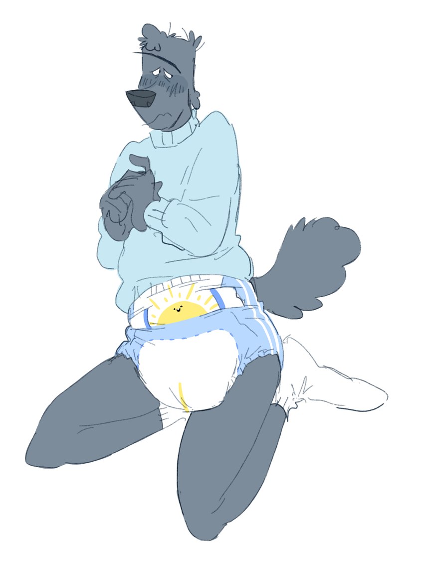 anthro blue_body blue_clothing blue_fur blue_sweater blue_topwear clean_diaper clothed clothing diaper embarrassed footwear fur hands_together kneeling looking_away male nervous simple_background socks solo sweater topwear wearing_diaper wetness_indicator white_background white_clothing white_footwear white_socks slusheep kermit_(slusheep) canid canine canis domestic_dog mammal poodle hi_res