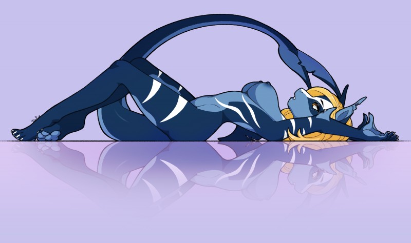 5_fingers anthro arched_back arms_above_head big_breasts blonde_hair blue_body breasts feet female fingers hair lying nipples non-mammal_breasts nude on_back open_mouth paws red_hair simple_background solo stripes teeth toes white_stripes tom_ree uri_bennet_(ryltar) fish marine shark 2019 digital_media_(artwork) hi_res