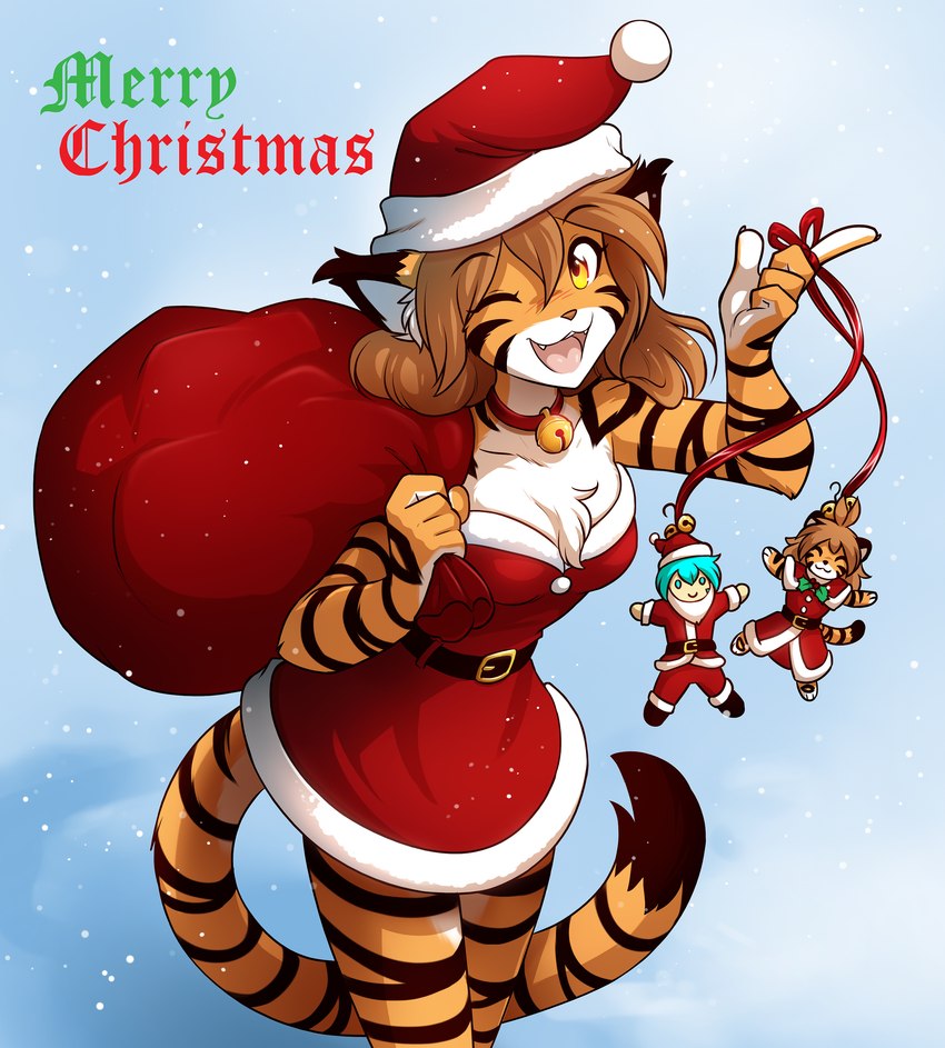 anthro bell bell_collar breasts brown_hair chest_tuft christmas_clothing christmas_dress christmas_headwear clothing collar dipstick_ears dipstick_tail dress duo ear_markings female fur hair hat headgear headwear holding_bag holidays inner_ear_fluff looking_at_viewer markings multicolored_ears one_eye_closed open_mouth open_smile sack santa_hat simple_background smile striped_body striped_fur stripes tail tail_markings toy tuft wink conditional_dnp tom_fischbach christmas twokinds flora_(twokinds) trace_legacy felid human keidran mammal pantherine tiger absurd_res hi_res