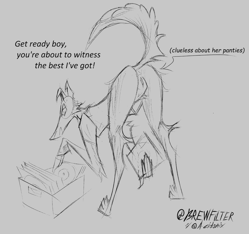 anthro bottomless breasts clothed clothing female fluffy fluffy_body fluffy_tail genitals grey_background holding_object leaning leaning_forward nude presenting presenting_pussy pussy raised_tail searching shirt shirt_only simple_background solo standing t-shirt tail text topwear topwear_only vinyl vinyl_record brewfilter clara_(acidonix) borzoi canid canine canis domestic_dog hunting_dog mammal sighthound 2024 english_text monochrome sketch