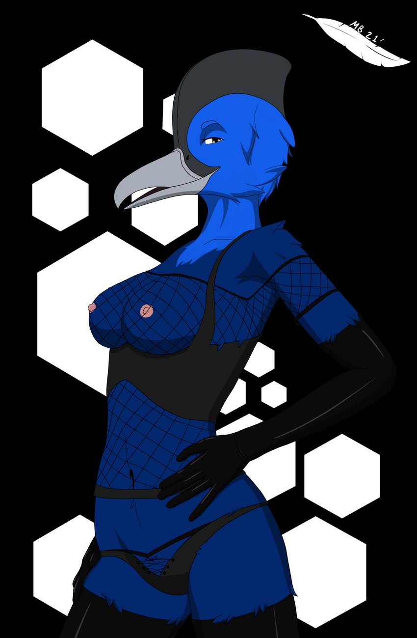 anthro beak black_clothing blue_body breasts clothing dominatrix feathers female fishnet_clothing fishnet_topwear gloves handwear latex latex_clothing latex_gloves latex_handware latex_handwear latex_legwear latex_stockings legwear nipples non-mammal_breasts open_mouth panties simple_background solo standing stockings topwear underwear mikobeako avian bird cassowary ratite absurd_res hi_res