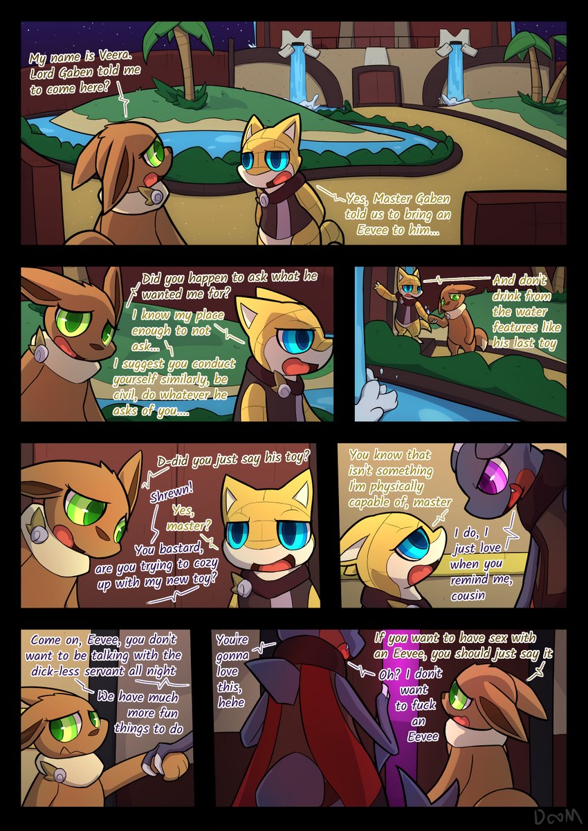 anthro blue_eyes desert dialogue female green_eyes male purple_eyes text water waterfall infinitydoom nintendo pokemon pokemon_mystery_dungeon spike_chunsoft gaben_(infinitydoom) shrewn_(infinitydoom) veera_(infinitydoom) eevee gabite generation_1_pokemon generation_4_pokemon pokemon_(species) sandshrew comic english_text hi_res