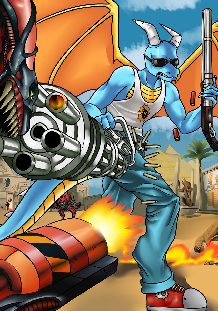 anthro blue_body blue_bottomwear blue_clothing blue_jeans blue_pants blue_scales bottomwear clenched_teeth clothed clothing day denim denim_bottomwear denim_clothing desert detailed_background dual_wielding egyptian eyewear footwear fully_clothed gatling_gun group gun holding_object holding_weapon horn jeans machine_gun male minigun orange_wings outside pants pose pyramid ranged_weapon red_clothing red_footwear red_shoes scales sculpture serious_sam_logo sharp_teeth shell_(projectile) shirt shoes shooting shotgun shotgun_shell sky sneakers solo_focus spiked_tail spikes spikes_(anatomy) standing statue sunglasses tail tank_top teeth topwear weapon wings yellow_underbelly beaverbastard mythology serious_sam brighton_(brighton1138) dragon mythological_creature mythological_scalie scalie colored cover cover_art hi_res shaded video_game_cover