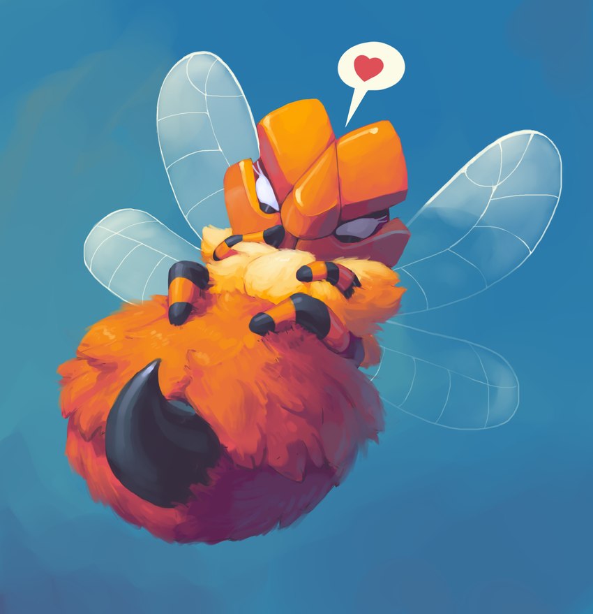 arthropod_abdomen blue_background eyelashes female feral fur heart_symbol looking_at_viewer orange_body orange_fur simple_background speech_bubble stinger tan_body tan_fur white_eyes wings outta_sync coromon_(series) freedom_games arthropod coromon_(species) humbee insect hi_res