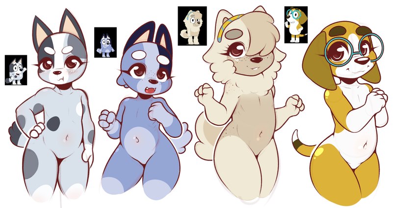 anthro female female/female flat_chested group group_nudity slightly_chubby young kloudmutt bluey_(series) honey_(bluey) judo_(bluey) muffin_heeler socks_heeler canid canine canis domestic_dog mammal 2025 2:1 hi_res