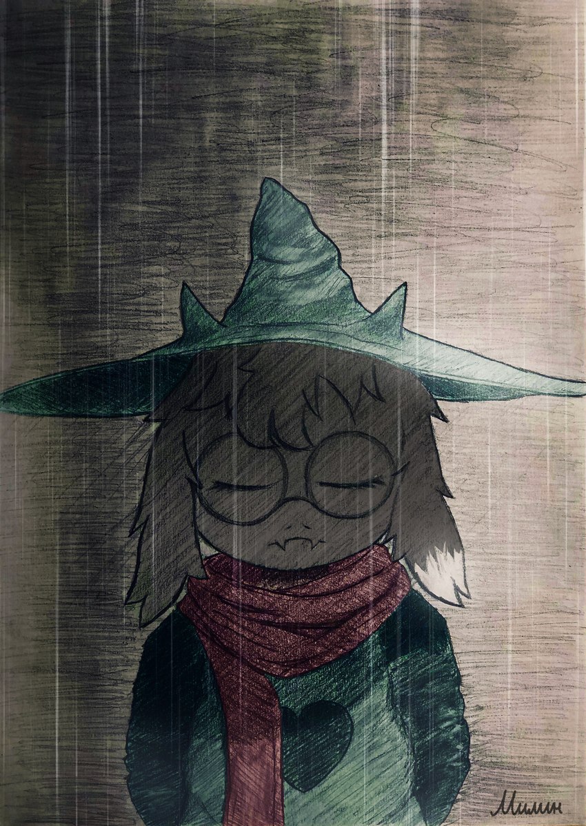 ambiguous_gender anthro clothing eyes_closed eyewear floppy_ears fluffy fur glasses hands_behind_back hat headgear headwear heart_symbol robe scarf solo water wet white_body white_fur milin_goatmonsto deltarune undertale_(series) ralsei bovid caprine goat mammal absurd_res hi_res male_(lore)