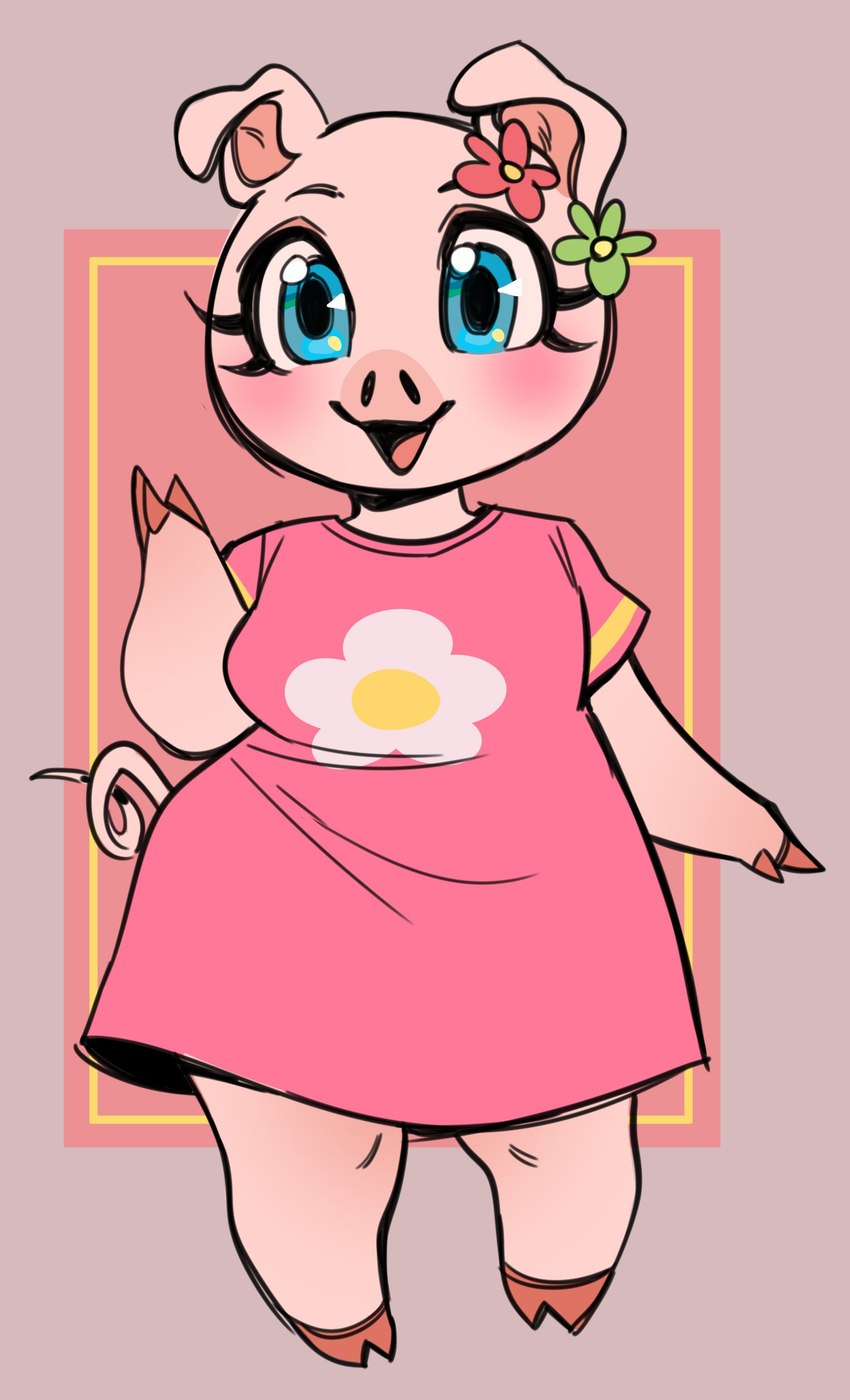 anthro biped blue_eyes blush clothing eyelashes female flower_on_head hooves open_mouth pink_body smile solo glacierclear animal_crossing nintendo gala_(animal_crossing) domestic_pig mammal suid suina sus_(pig) 2022 absurd_res hi_res