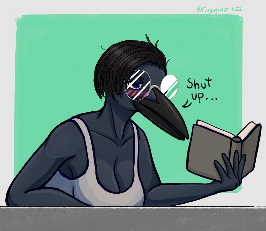 anthro beak black_body black_hair blue_eyes book breasts clothed clothing eyewear female fingers glasses hair holding_object reading shirt simple_background solo tank_top text topwear cayugo avian bird corvid corvus_(genus) crow oscine passerine absurd_res digital_media_(artwork) english_text hi_res