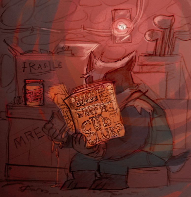 anthro barefoot biped book box clothed clothing container crate darkness eating feet female food fully_clothed reading sandwich_(food) sitting solo storage text nicolaswildes_(artist) disney zistopia zootopia honey_badger_(zootopia) badger honey_badger mammal mustelid musteline 2016 digital_media_(artwork) english_text full-length_portrait hi_res portrait red_theme sketch