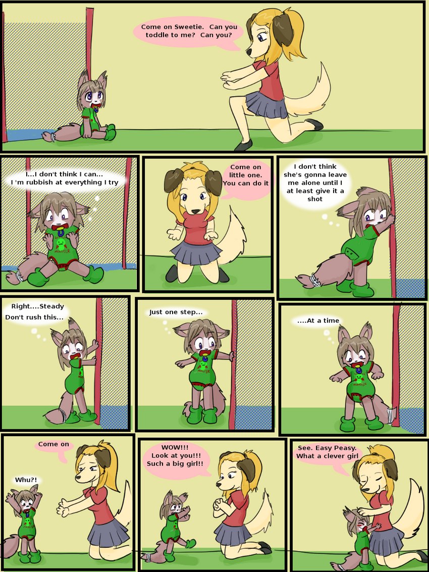 anthro asking asking_another biped bottomwear clean_diaper clothed clothing come_on_(interjection) command command_to_look creature_print daww describing_another describing_size detailed_background dialogue diaper diaper_under_clothing diaper_under_onesie duo female fur green_clothing green_onesie grey_bottomwear grey_clothing grey_skirt hair inner_monologue interjection monotone_bottomwear monotone_clothing monotone_shirt monotone_skirt monotone_t-shirt monotone_topwear object_in_mouth onesie pacifier pacifier_in_mouth print_clothing print_onesie question red_clothing red_shirt red_t-shirt red_topwear shirt skirt speech_bubble standing t-shirt talking_to_another term_of_endearment text text_on_clothing text_on_onesie text_print thinking thought_bubble topwear wearing_diaper yes-no_question young young_anthro babystar gemma_polson canid canine canis domestic_dog mammal rodent sciurid tree_squirrel 2011 3:4 comic digital_media_(artwork) english_text hi_res