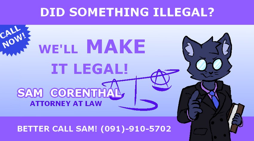 advertisement anarchy_symbol anthro blue_body blue_fur book clothing eyewear facial_tuft female fur glasses head_tuft inner_ear_fluff lawyer necktie opaque_glasses phone_number solo suit tuft atomic_cat better_call_saul breaking_bad sam_corenthal domestic_cat felid feline felis mammal 2022 nonbinary_(lore) trans_(lore)