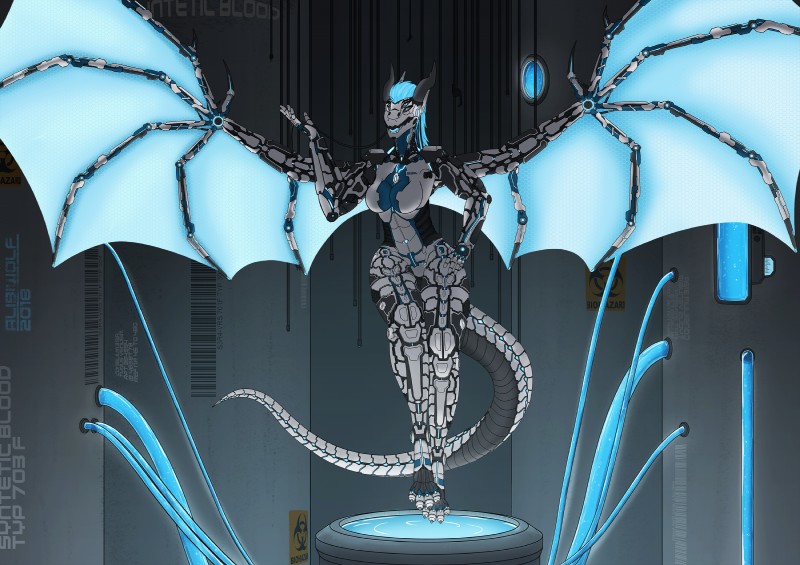 4_eyes 4_toes anthro armor big_breasts blue_hair breasts cable feet female flying glowing glowing_blue glowing_eyes glowing_hair hair hand_on_hip horn levitating machine mecha membrane_(anatomy) membranous_wings multi_eye muscular muscular_anthro muscular_female non-mammal_breasts open_mouth paws plated_scales scales science_fiction solo synthetic tail teeth text toes tube white_body white_scales white_skin wings alibiwolf mythology s3r4 dragon mythological_creature mythological_scalie robot scalie 2018 full-length_portrait hi_res portrait