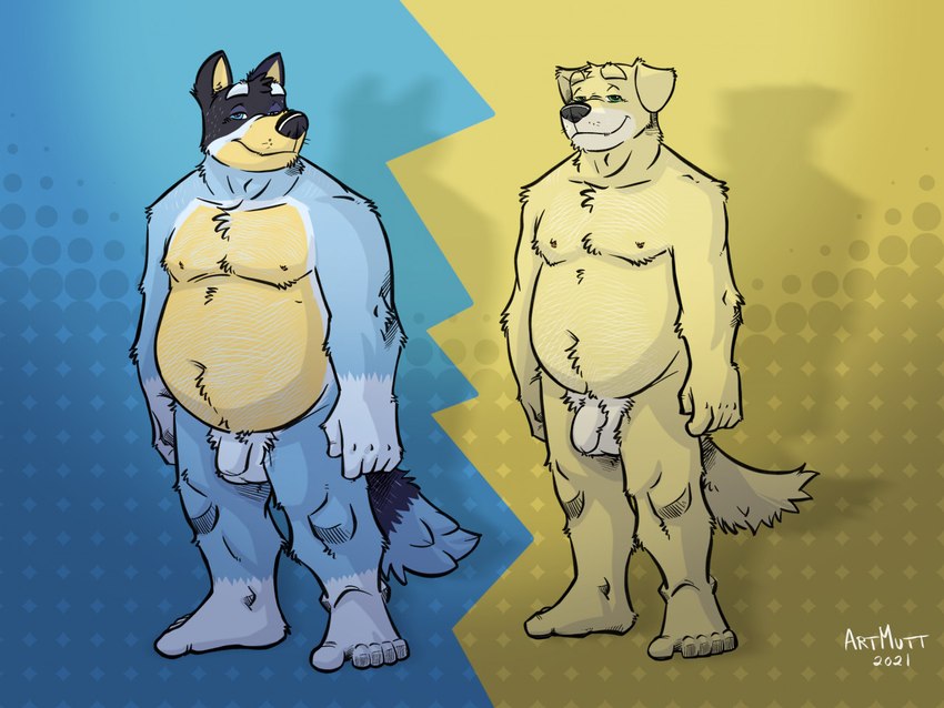 age_difference anthro armpit_hair balls belly black_nose blue_body blue_eyes blue_fur body_hair chest_fur chest_hair duo feet flaccid foreskin fur genitals green_eyes grin hair happy_trail humanoid_genitalia humanoid_penis male musclegut muscular muscular_anthro muscular_male nipples nude older_male overweight overweight_male pecs penile penis pubes simple_background smile tail yellow_body yellow_fur k-9 bluey_(series) bandit_heeler pat_(bluey) australian_cattle_dog bird_dog canid canine canis cattledog domestic_dog golden_retriever herding_dog hunting_dog mammal pastoral_dog retriever 4:3 digital_media_(artwork) model_sheet