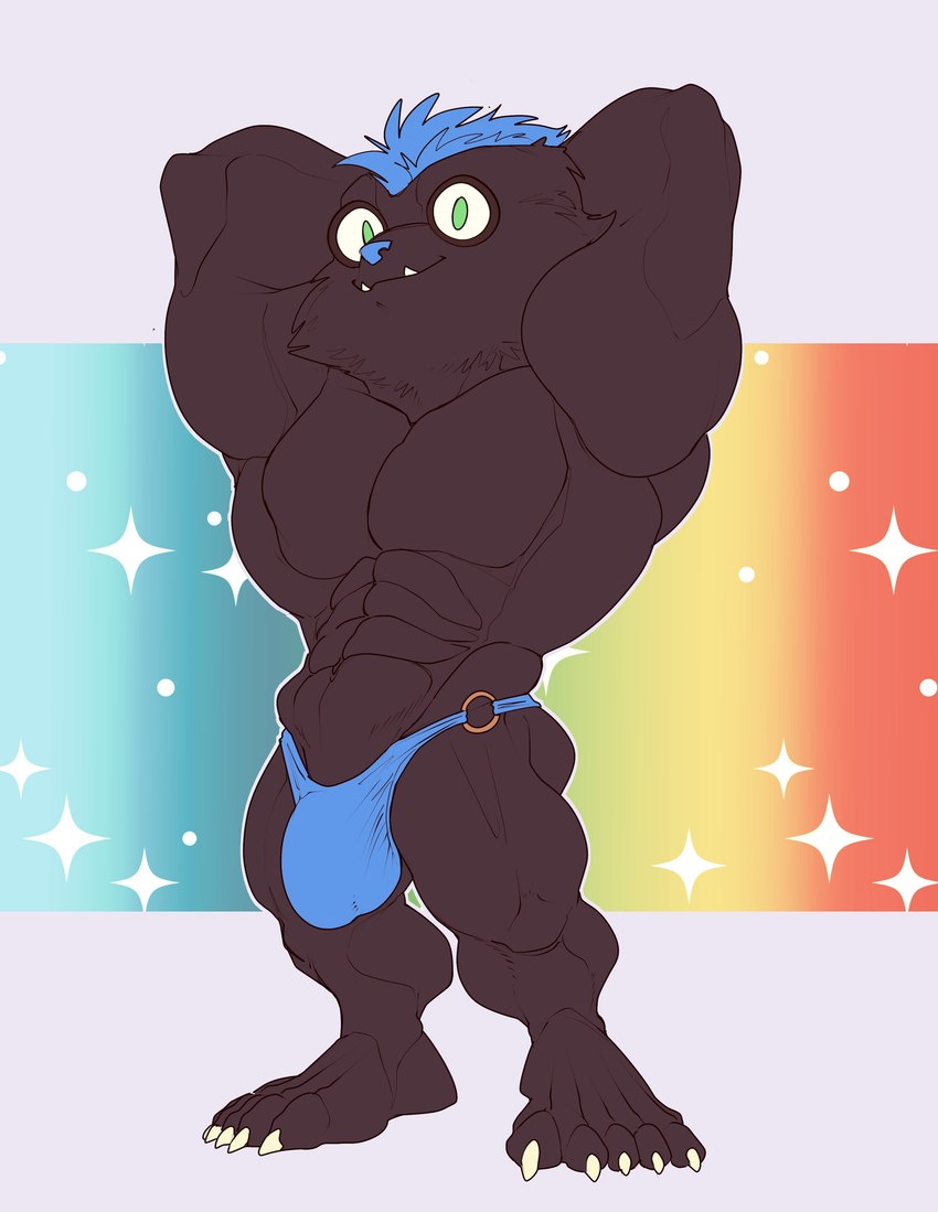 anthro belly big_biceps big_bulge big_deltoids big_eyes big_head big_muscles big_pecs black_arms black_belly black_body black_feet black_fur black_head black_legs blue_background blue_clothing blue_hair blue_nose blue_thong blue_underwear bottomwear_ring bulge cheek_tuft claws closed_smile clothed clothing clothing_ring deltoids facial_tuft fangs feet front_view fur gold_(metal) gold_jewelry gold_ring green_background green_eyes hair hands_behind_head huge_muscles huge_pecs jewelry looking_at_viewer male mouth_closed muscular muscular_thighs navel o-ring_speedo obliques orange_background pecs plantigrade quads raised_arms serratus short simple_background skimpy smile solo standing swimwear_ring teeth thong thong_ring three-quarter_view tight_clothing topless topless_anthro topless_male triceps tuft underwear white_background white_claws yellow_background bristol mammal 2021 absurd_res colored digital_drawing_(artwork) digital_media_(artwork) flat_colors full-length_portrait hi_res portrait