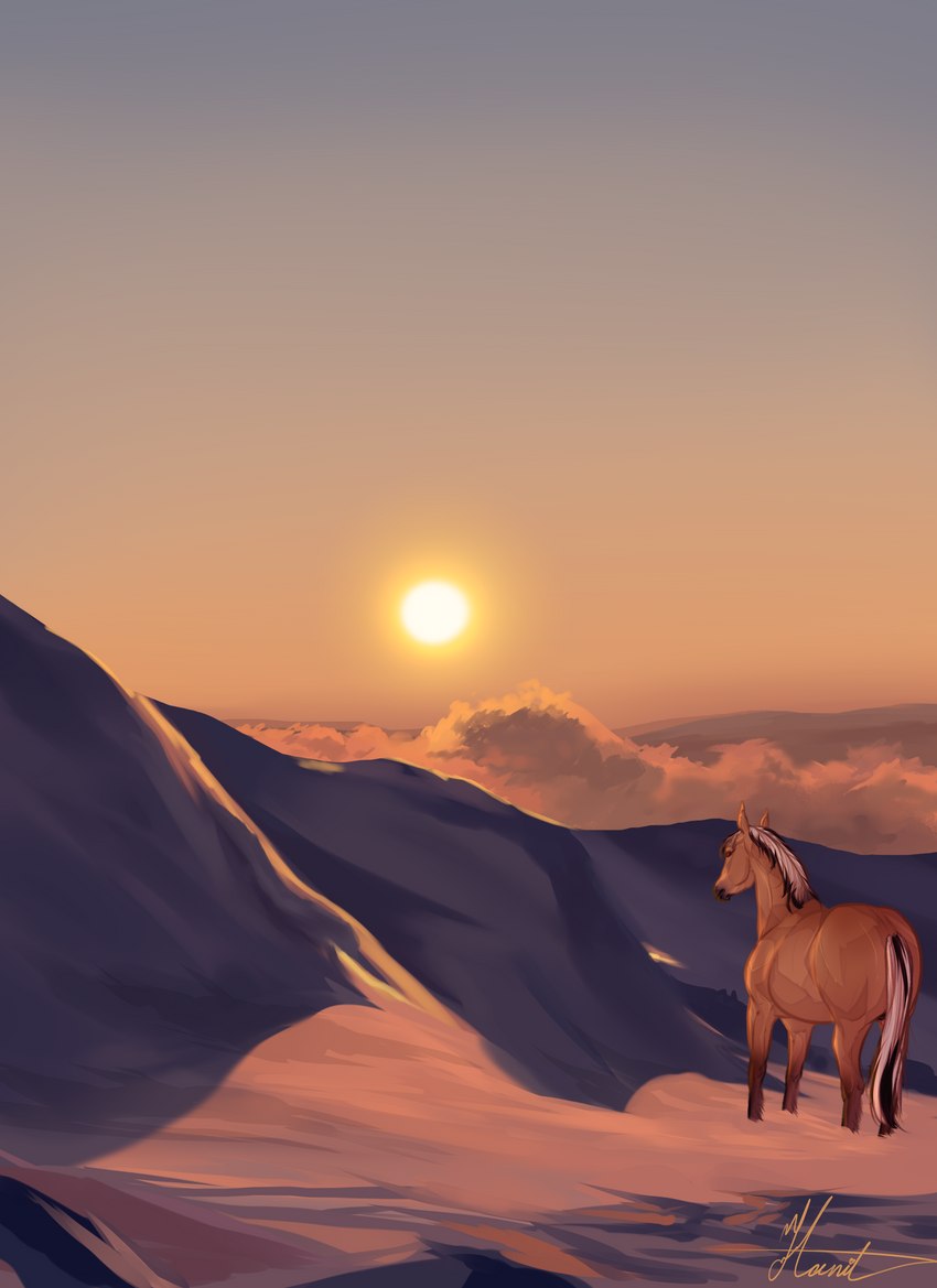 brown_eyes cloud feral light male mountain mountain_range snow solo sun sunlight sunset hanilimnida arvakr draft_horse equid equine fjord_horse horse mammal absurd_res hi_res