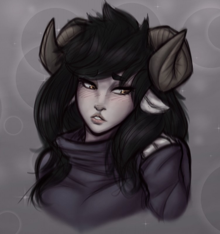 black_hair blush clothed clothing curved_horn eyelashes female hair horizontal_pupils horn lips pupils solo yellow_eyes snowyfeline acacallis animal_humanoid bovid bovid_humanoid caprine caprine_humanoid goat_humanoid humanoid mammal mammal_humanoid absurd_res hi_res