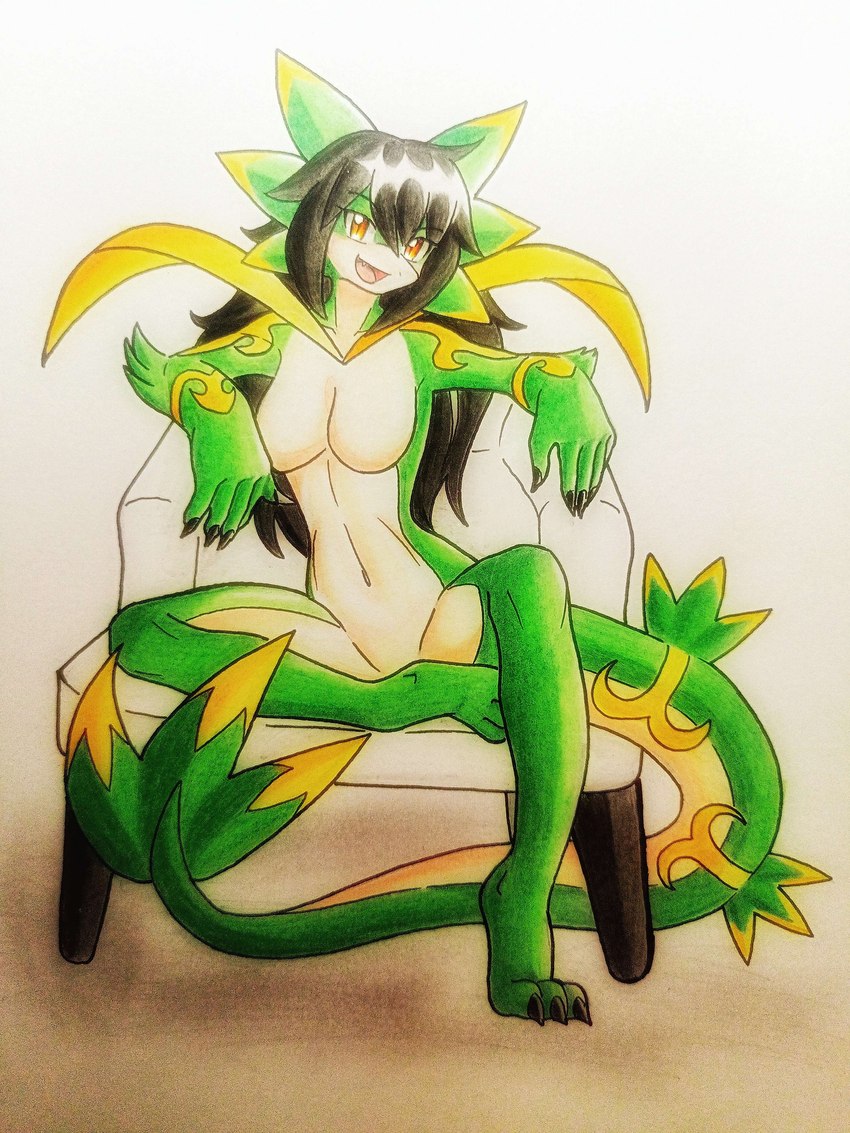 anthro biped black_hair breasts chair fangs female furniture green_body hair leaf leaf_tail pose red_eyes shadow sitting small_breasts snout solo tail teeth text white_body yellow_body ideltasarc333 nintendo pokemon noodles_(nyxcha) generation_5_pokemon kobold pokemon_(species) reptile scalie servine 3:4 absurd_res hi_res