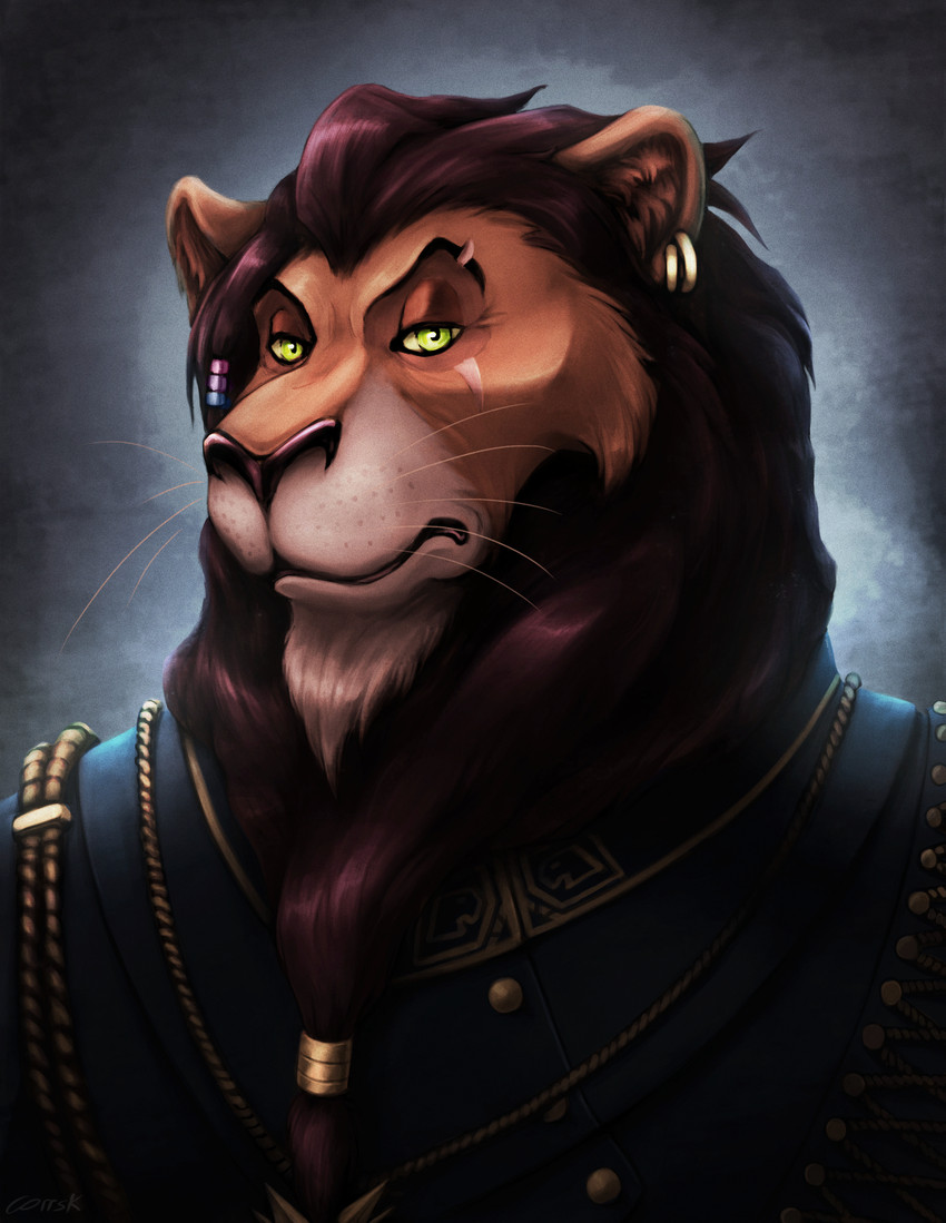 accessory anthro anthrofied clothed clothing ear_piercing ear_ring fur hair_accessory jewelry looking_at_viewer male mane mature_anthro mature_male piercing ring_piercing scar simple_background solo uniform corrsk disney the_lion_king scar_(the_lion_king) felid lion mammal pantherine 2020 bust_portrait digital_media_(artwork) hi_res portrait