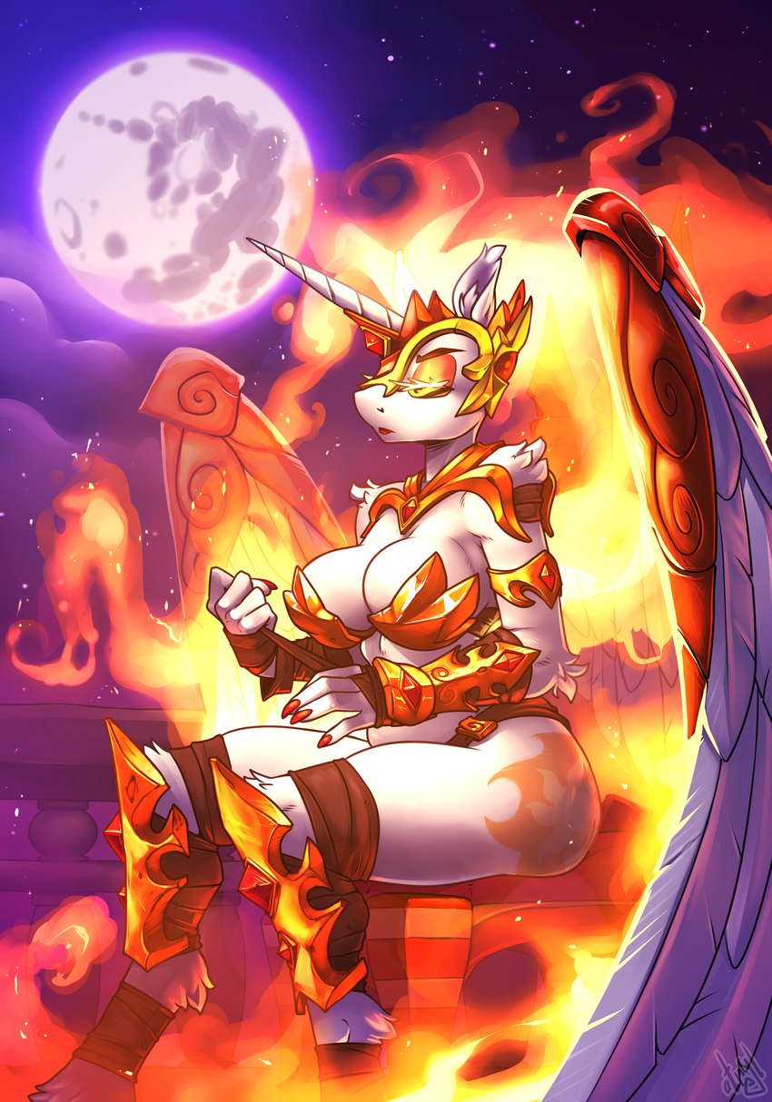 ankle_tuft anthro anthrofied arm_tuft armor black_sclera breasts cleavage clothed clothing colored_nails cutie_mark ear_tuft elbow_tuft eyeshadow female fire flaming_hair flaming_tail full_moon fur furgonomics gauntlets gloves half-closed_eyes handwear headgear helmet horn inner_ear_fluff knee_tuft leg_tuft lips lipstick long_nails makeup moon nails narrowed_eyes night orange_eyeshadow orange_lips orange_lipstick orange_nails pseudo_hair shin_guards shoulder_tuft tail tuft unconvincing_armor white_body white_fur wing_armor wings yellow_eyes atryl friendship_is_magic hasbro my_little_pony mythology daybreaker_(mlp) equid equine horse mammal mythological_creature mythological_equine pony winged_unicorn 2023 absurd_res hi_res