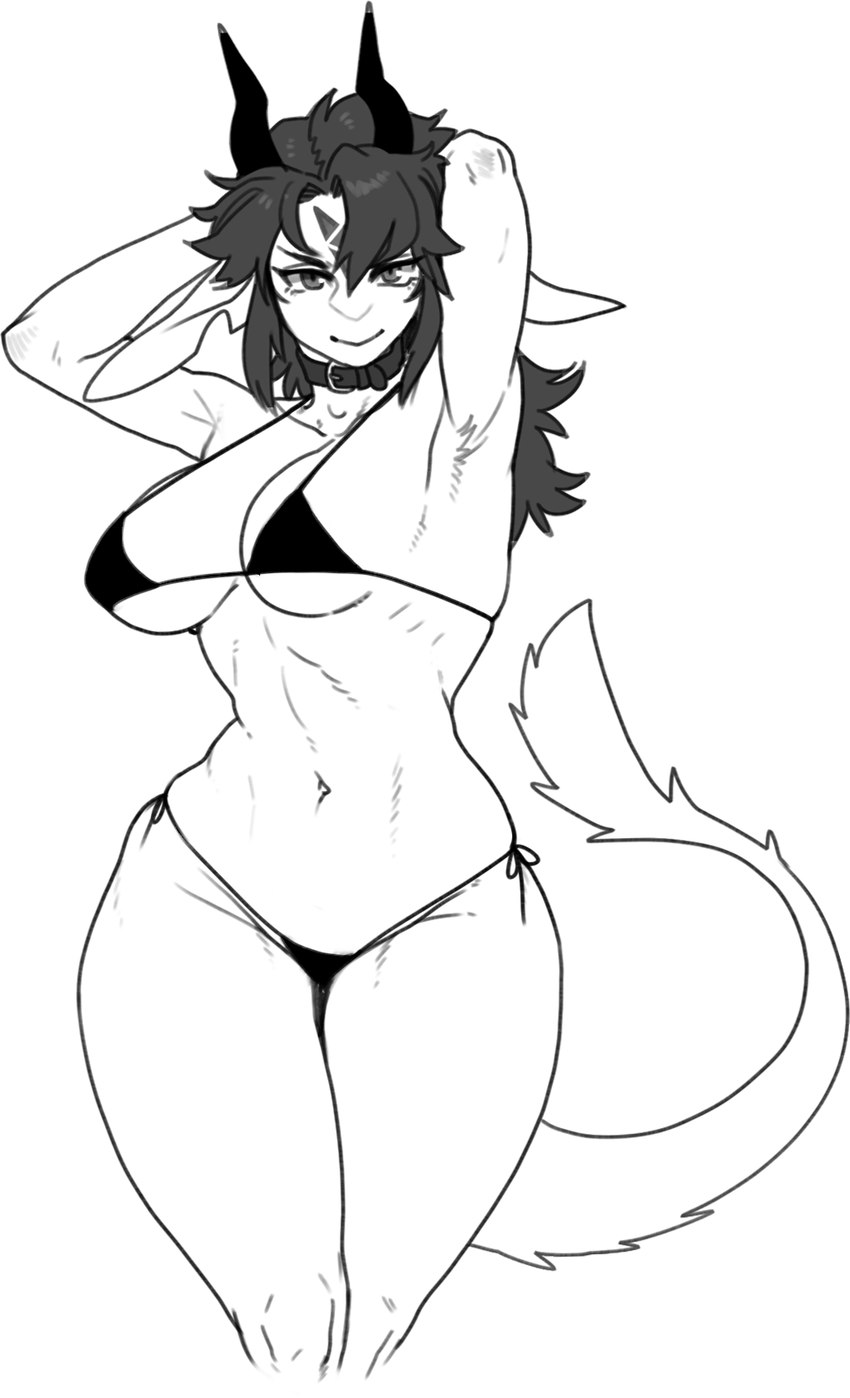 anthro big_breasts bikini breasts clothing collar eyebrows eyelashes female fur hair hands_behind_head horn looking_at_viewer micro_bikini navel side-tie_bikini solo string_bikini swimwear tail tail_tuft tuft two-piece_swimsuit wide_hips pgm300 mythology chabett dragon furred_dragon furred_scalie mythological_creature mythological_scalie scalie wingless_dragon 2024 hi_res sketch